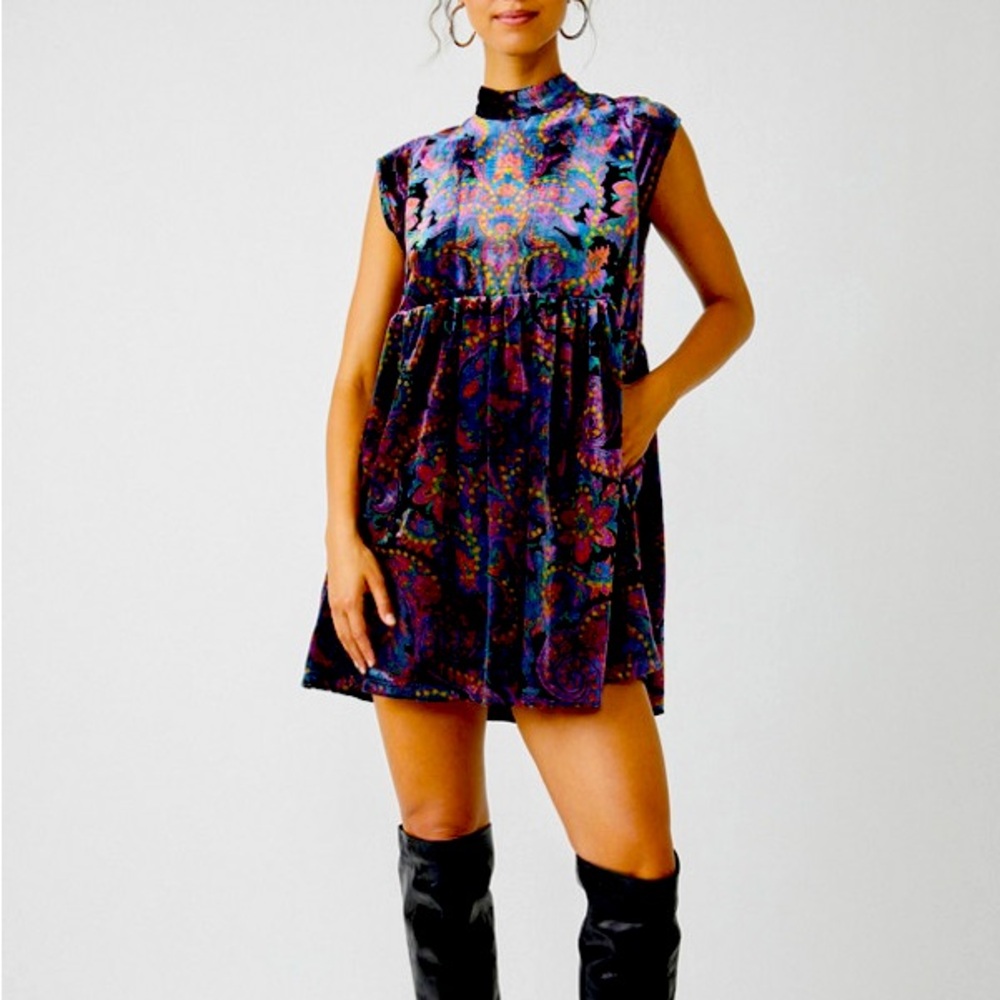 Free People Velvet All the Time Mini Dress Purple Paisley